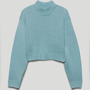 Wilfred Free Harper Sweater Sky Blue 100% Merino Wool Cropped Mock Neck